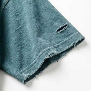 T-shirts déchirés à bords effilochés en coton épais, coupe oversize, style streetwear décontracté pour hommes - Product Image 3