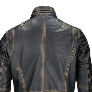 OEM Service <b>Men's</b> Genuine <b>Leather</b> Motorcycle <b>Jacket</b> Stand Collar Zipper Closure Solid Color Pockets Design Windproof <b>Jacket</b> - Product Image 6