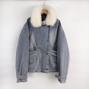 High Quality Retro Diamond Women's <b>Denim</b> <b>Coats</b> Patchwork Blue Loose Women's Jacket - Product Image 5