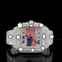 Nouvelle conception, montre mécanique de luxe faite à la main, drapeau américain, boîtier carré, fermoir à bouton-poussoir, diamant moissanite, unisexe, entièrement sertie