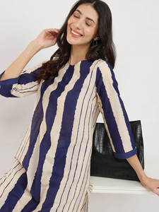 Robe longue rayée à col rond, manches trois quarts, coupe ample, en lin et coton, décontractée, pour l'été, avec ourlet color block, robe pour femme - Product Image 4
