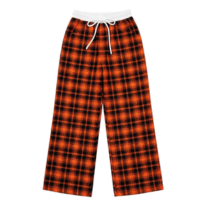 Pantalon de détente à jambes larges pour femmes, à carreaux orange et noir, avec ceinture élastique blanche, cordon de serrage sur le côté, poches latérales, bas de pyjama décontracté - Product Image 5