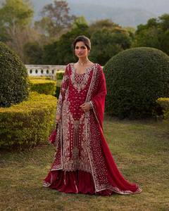 Women's Red Embroidered Silk <b>Kurta</b> Set Floor-Length Traditional <b>Indian</b> Pakistani Wedding Wear Regular Fit - Product Image 1
