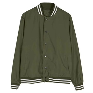 Women's Olive Green Varsity Jacket Full Sleeve Contrast Color Solid Pattern Turn-<b>down</b> Collar Zipper Closure Autumn Wear - Product Image 6
