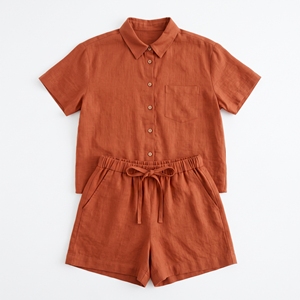 Conjunto de Camisa y Pantalones Cortos de Lino y Algodón para Mujer, Estilo Casual de Verano con Botones, Cintura Elástica, 2 Piezas - Product Image 1