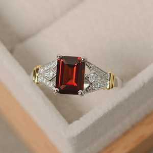 Royal Saga Vintage 2Ct Red Garnet <b>Emerald</b> Cut Moissanite Gemstone <b>Ring</b> 925 Fine <b>Silver</b> Original Customizable Engagement <b>Ring</b> - Product Image 4