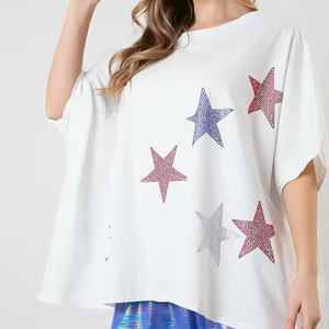 Women Oversized White Canvas T-Shirt Rhinestone Star Print Drop Shoulder O-Neck Regular Fit Spring Summer Quick Dry Anti-UV - Product Image 5