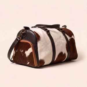 Sac de voyage en cuir de vachette véritable, style vintage, avec fermeture éclair, grande capacité, sac fourre-tout unisexe portable - Product Image 3