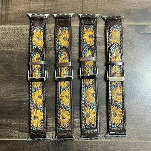 Customized Breathable Hand <b>Tooled</b> <b>Leather</b> Stainless Steel Exclusive Floral Pattern Unisex Watch Band Fits for Apple Watch Strap - Product Image 5