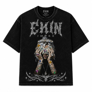 Camiseta Gráfica Oversize de Alta Calidad Estilo Urbano Vintage con Lavado Ácido y Algodón Pesado para Hombre con Estampado de Diamantes de Imitación - Product Image 1