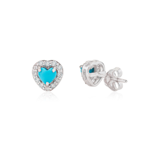 Pendientes de Oro Blanco K14 con Turquesa de Corte Cabujón Minimalista y Diamantes en Forma de Corazón con Halo, Regalo de San Valentín, Joyería al por Mayor - Product Image 5