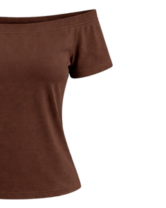 T-shirt marron chocolat pour femme, épaules dénudées, manches courtes, coupe ajustée, décontracté, été, en coton doux, fabrication sur mesure - Product Image 2