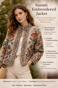 Custom Logo Ladies Suzani Reversible Embroidered Hand Woven Cotton Eco-Friendly Floral Pattern <b>Mandarin</b> <b>Collar</b> Single <b>Jacket</b> - Product Image 4