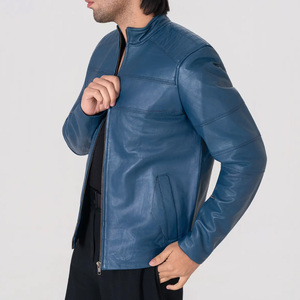 Chaqueta de Cuero Azul para Motociclista Samuel para Hombre - Chaqueta Estilo Cafe Racer Azul - Product Image 3