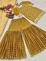 Traje Sharara de seda Chinnon amarillo mostaza para mujer TENNYC |   Conjunto de Dupatta con Lentejuelas Zari para Bodas y Fiestas de Diwali |   Sin Arrugas