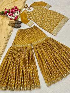 Traje Sharara amarillo mostaza para mujer, con bordados elaborados |   Conjunto Punjabi Sharara con Trabajo de Zari y Lentejuelas con Dupatta |   Boda - Product Image 6