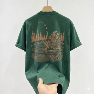 Camiseta de manga corta de verano para hombre Sense Green, de algodón grueso, tejido informal holgado, estilo INS, de media manga, con estampado de tela tejida. - Product Image 1