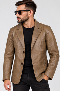 Blazer de Cuero Marrón de Lujo para Hombre, Chaqueta de Traje de Cuero Genuino, Cierre Clásico de Dos Botones, Corte Entallado, Formal, de Negocios, a la Moda - Product Image 4