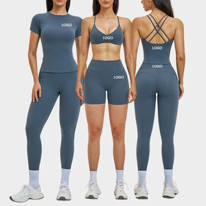 Conjunto de Yoga de Cintura Alta Sin Costuras, Color Morado Sólido, Top Corto, Leggings de 3 Piezas, Cuello en V Profundo, Tirantes Finos, Transpirable, Largo Completo - Product Image 4