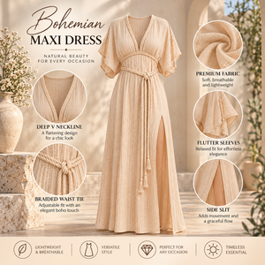 Bohemian Maxi <b>Dress</b> for Women with Deep V Neck <b>Flutter</b> <b>Sleeves</b> | Flowy Long <b>Dress</b> with Braided Waist Tie for Summer Beach Styles - Product Image 5