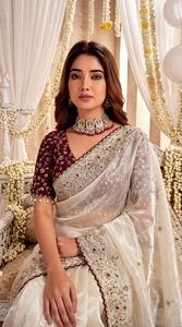 AARA Fashion Elegant Cream Silk Saree Maroon Blouse Traditional Indian Wedding Wear Floor-Length Regular Fit Women's <b>Sari</b> Sun - Product Image 5