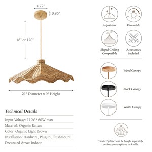 Suspension en rotin à hauteur réglable en forme de larme pour îlot de cuisine et salle à manger Ampoule E26/E27 de petite taille - Product Image 5