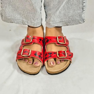 Red Leather <b>Sandals</b> With Buckle Closure Embossed <b>Diamond</b> Pattern Fashion Slides Unisex Style - Product Image 2