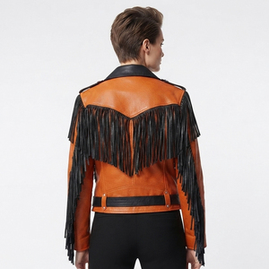 Women Waist Belt Fringe Leather Motorcycle <b>Jacket</b> Female Side Pockets Leather Fringed <b>Jackets</b> Girls Zip Up Leather Fringe <b>Jacket</b> - Product Image 2