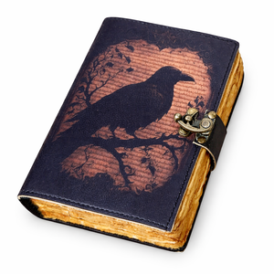 Carnet de notes vintage marron fait main avec motif corbeau en relief, papier à bords festonnés, reliure cousue, couverture rigide, pour le voyage, le croquis et les cadeaux - Product Image 1