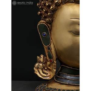 Sculpture en laiton de 9 pouces de tête de bouddha méditant avec travail d'incrustation complexe - Product Image 2