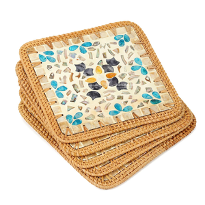 Mother of Pearl Placemat, Shell Inlay Square Charger Plate, Mosaic Rattan <b>Table</b> Mat with Floral Pattern for Fine <b>Dining</b> & Decor - Product Image 2
