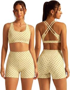 Ensemble 2 pièces pour femme : Soutien-gorge de sport à pois et short taille haute, dos croisé évidé, tenue de sport - Product Image 1