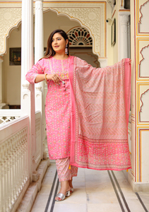 Ensemble Kurti, pantalon et dupatta brodés roses en coton, imprimé floral zig-zag, col rond, manches trois quarts, grande taille, vente en gros - Product Image 4