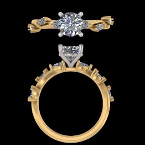 แหวนหมั้นเพชรทรงกลมตัดสีทองและเหลืองสองโทนที่ไม่เหมือนใครแหวนสไตล์เถาประดับอัญมณีสำหรับเจ้าสาว - Product Image 2