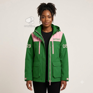 Alfa |   Kapa |   Chaqueta Cortavientos para Mujer Alpha Sorority, Verde y Rosa, con Capucha, Estilo Universitario, Plegable - Product Image 3
