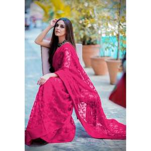 DISEÑADOR SUPER NET BORDADO TRABAJO SAREE CON BLUSA DESCOSADA ROSA - Product Image 1