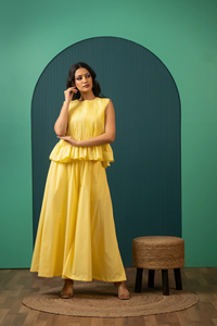 ชุดเซ็ตผ้าฝ้ายสีเหลืองซูกูน พร้อมเสื้อแขนกุดลายปินทัคและกางเกงขายาวทรงบาน |   เสื้อผ้าฤดูร้อนน้ำหนักเบา สไตล์ผู้หญิง - Product Image 5