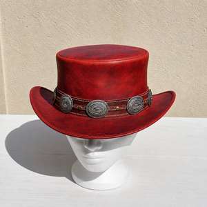 Top Quality Genuine Leather Handmade Red Leather Top <b>Hat</b> With Concho <b>Band</b> For Festival Cosplay Fashion - Product Image 4