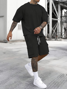 Ensemble T-shirt et short cargo oversize noir pour homme, col rond, uni, décontracté, été, tricoté, 100% coton, respirant, 220 grammes - Product Image 6