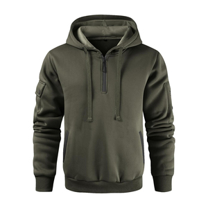 Sweat-shirt à capuche mi-zippé vert olive pour homme, coupe classique, couleur unie, pull décontracté avec poches, matière polaire tricotée, automne - Product Image 2