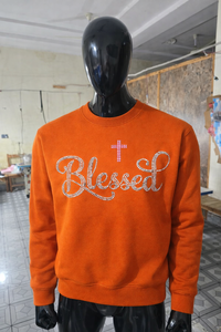 Sudadera con Logotipo Personalizado para Hombre, Color Naranja, Gráfico con Pedrería “Blessed”, Corte Holgado, Ropa Casual, Moda Urbana - Product Image 6