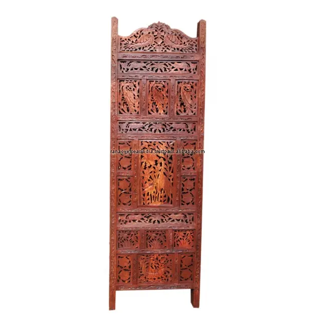 Brown 1 Panel Room Divider Screen With Intricately Carved Designs For Restaurant Home And Office