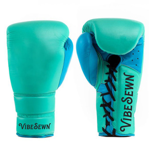 Vibe Sewn Premium Custom <b>16oz</b> Leather <b>Boxing</b> Training <b>Gloves</b> Hook Loop Adjustable Closure Customized Logo Printed Green <b>Gloves</b> - Product Image 5
