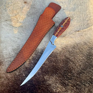 Cuchillo de filetear hecho a mano con hoja larga, estrecha y curva, utilizado para desollar, con funda de cuero genuino. - Product Image 3