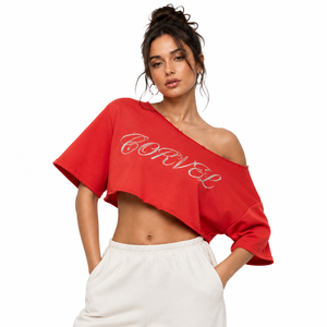 Haut court ample à col long, tricoté sur mesure, style baby tee, manches courtes, couleur unie, chemisier oversize pour femme, printemps-été - Product Image 1
