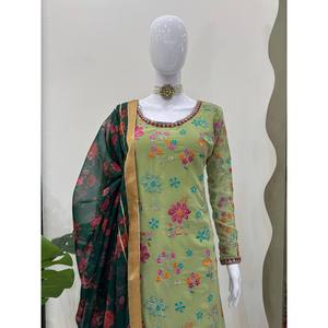 Ensemble haut et bas fait main à imprimé floral élégant pour soirée, avec dupatta, silhouette droite taille naturelle, taille XL - Product Image 1