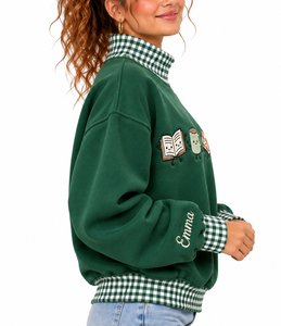 Custom Women’s <b>Mock</b> Neck Sweatshirt 100% Cotton Fleece Gingham Boxy Fit Solid Color Private Label Autumn Winter Pullover - Product Image 6
