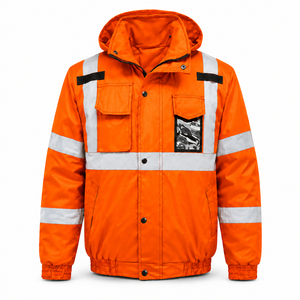 <b>Heavy</b> <b>Duty</b> Hi Visibility Polyester Workwear Safety Jacket Reflective <b>Tape</b> Hood Dual Chest Pockets Side Hand Pockets Elastic Cuff - Product Image 1