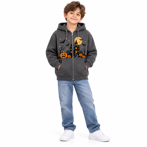 Sweat à capuche zippé en polaire pour garçons, motif Halloween (Maison hantée, Citrouille, Chauve-souris, Lune), couleur anthracite, style décontracté, pour l'hiver, vente en gros, OEM ODM personnalisé - Product Image 1