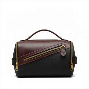 Leather Toiletry <b>Bag</b> Rectangle Classic Portable Black Brown Brass <b>Zipper</b> Bathroom <b>Storage</b> <b>Bag</b> - Product Image 2